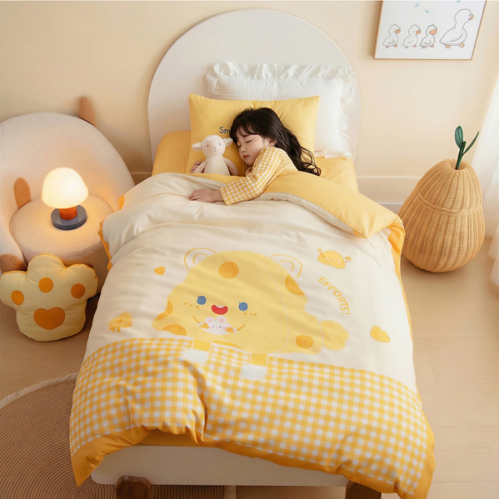 91家纺网 家纺一手货源 找家纺 绒梦里 2026新款A类全棉卡通大版数码印花幼儿园被子三件套儿童套件被套