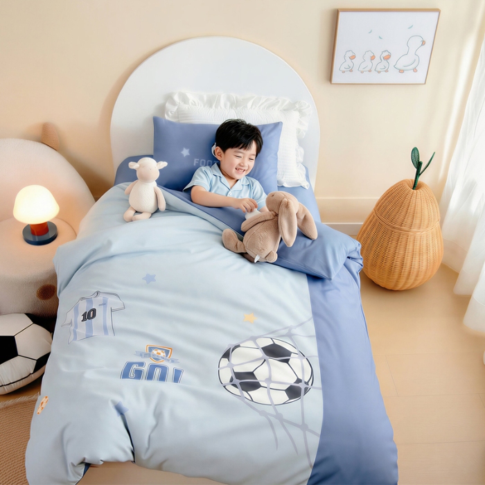 91家纺网 家纺一手货源 找家纺 绒梦里 2026新款A类全棉卡通大版数码印花幼儿园被子三件套儿童套件被套