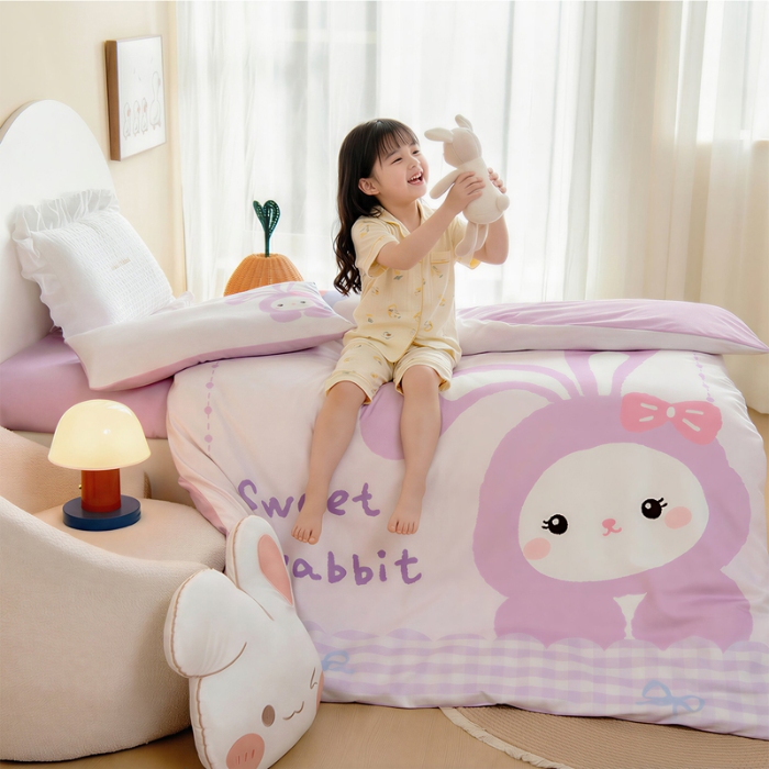 91家纺网 家纺一手货源 找家纺 绒梦里 2026新款A类全棉卡通大版数码印花幼儿园被子三件套儿童套件被套