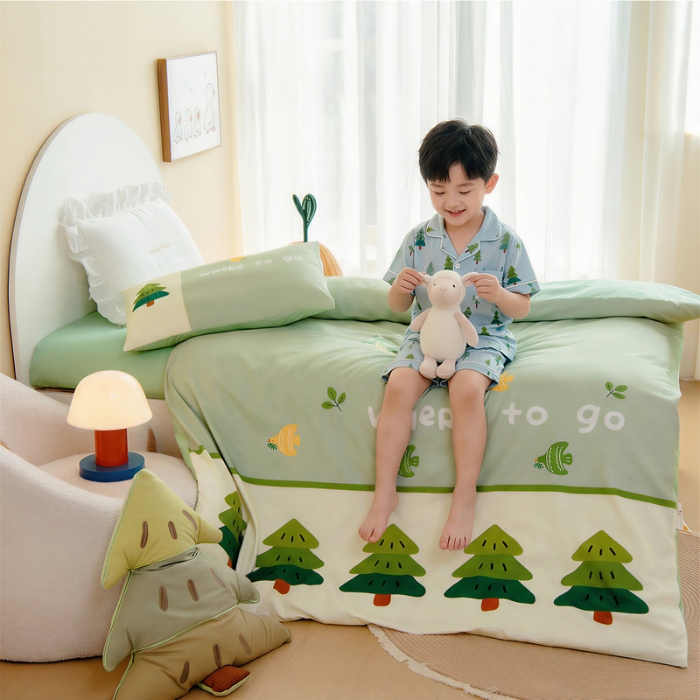 91家纺网 家纺一手货源 找家纺 绒梦里 2026新款A类全棉卡通大版数码印花幼儿园被子三件套儿童套件被套