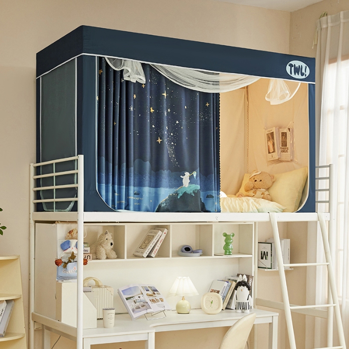 91家纺网 家纺一手货源 找家纺 （总）学生全遮光印花款宿舍上下铺通用拉链卡通清新防蚊单人床可伸缩遮光