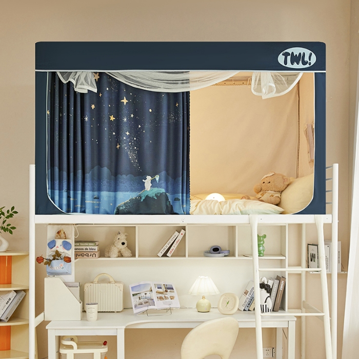 91家纺网 家纺一手货源 找家纺 （总）学生全遮光印花款宿舍上下铺通用拉链卡通清新防蚊单人床可伸缩遮光