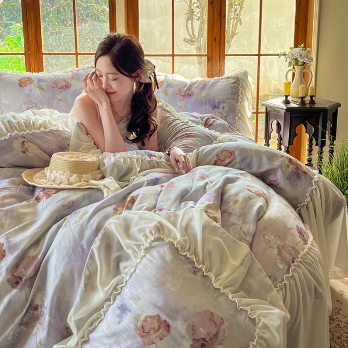 91家纺网 家纺一手货源 找家纺 （总）2026高端韩版法式公主复古油画风全棉纯棉双层纱四件套赫本浪漫荷叶花边仙女风全棉双层纱四件套床上用品被套床单床笠