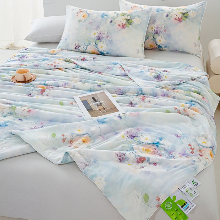 91家纺网 家纺一手货源 找家纺 2026新款3D数码印花有氨凉感丝夏被冰丝夏凉被空调被填充大豆纤维夏被 花城秘境