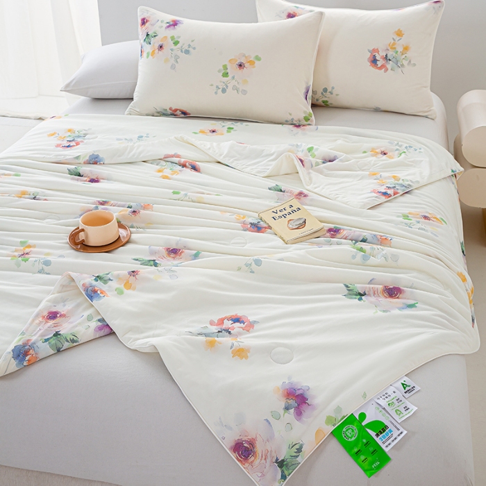 91家纺网 家纺一手货源 找家纺 2026新款3D数码印花有氨凉感丝夏被冰丝夏凉被空调被填充大豆纤维夏被 花样晨熙