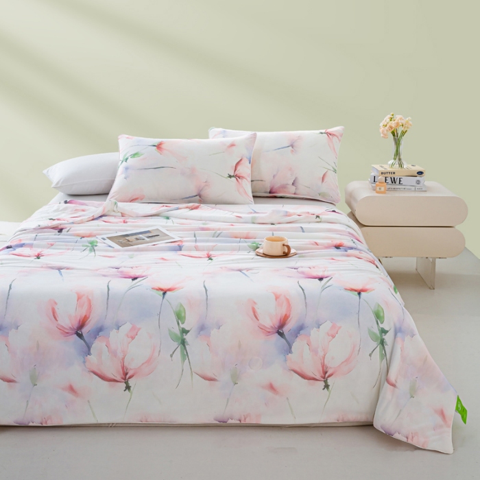 91家纺网 家纺一手货源 找家纺 2026新款3D数码印花有氨凉感丝夏被冰丝夏凉被空调被填充大豆纤维夏被 叶柔苏夏