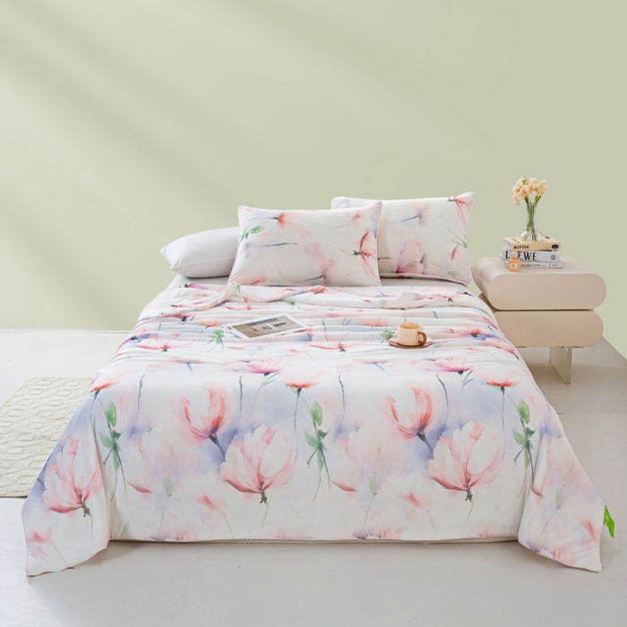 91家纺网 家纺一手货源 找家纺 2026新款3D数码印花有氨凉感丝夏被冰丝夏凉被空调被填充大豆纤维夏被 叶柔苏夏