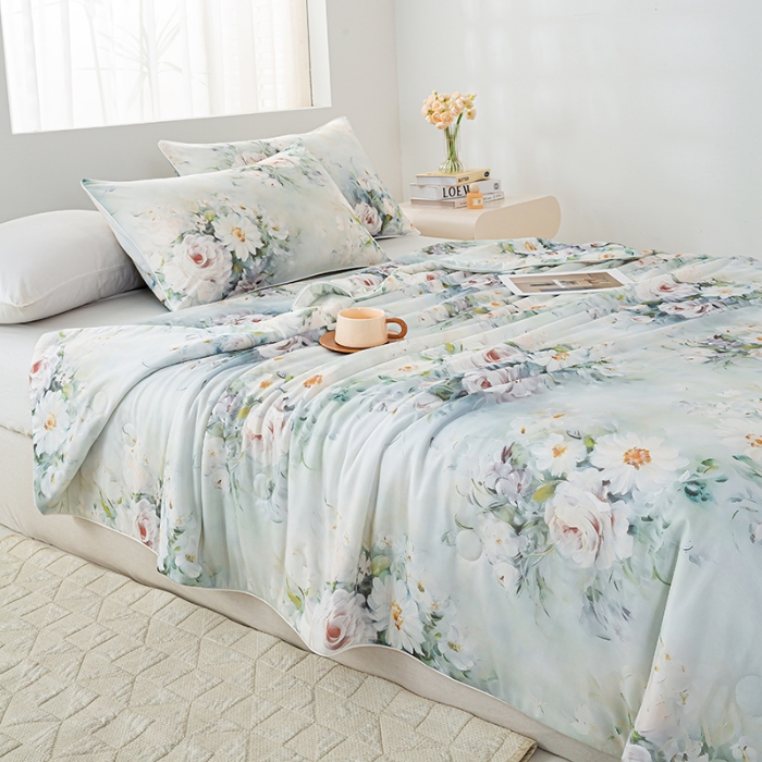 91家纺网 家纺一手货源 找家纺 2026新款3D数码印花有氨凉感丝夏被冰丝夏凉被空调被填充大豆纤维夏被 月夕华晨