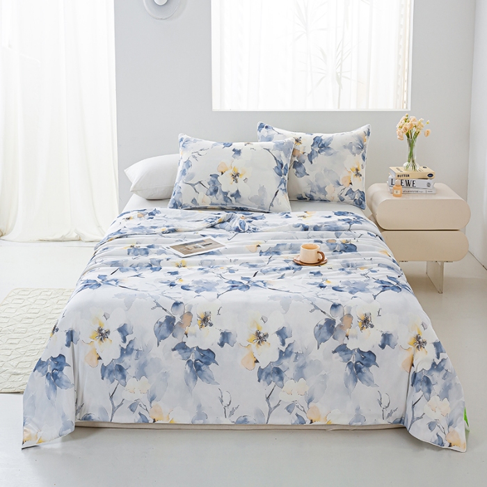 91家纺网 家纺一手货源 找家纺 2026新款3D数码印花有氨凉感丝夏被冰丝夏凉被空调被填充大豆纤维夏被 满心欢喜