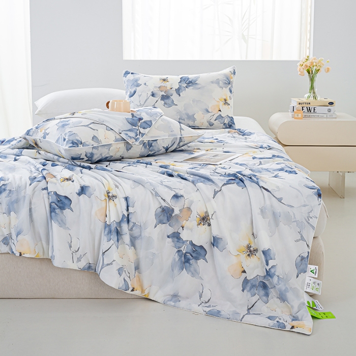 91家纺网 家纺一手货源 找家纺 2026新款3D数码印花有氨凉感丝夏被冰丝夏凉被空调被填充大豆纤维夏被 满心欢喜