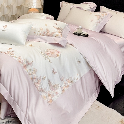 春夏新品高档礼盒装50*50S贡缎长绒棉刺绣花四件套100%纯棉全棉床单床笠款量大价优 白拼紫-漫薇-A类100%贡缎长绒棉