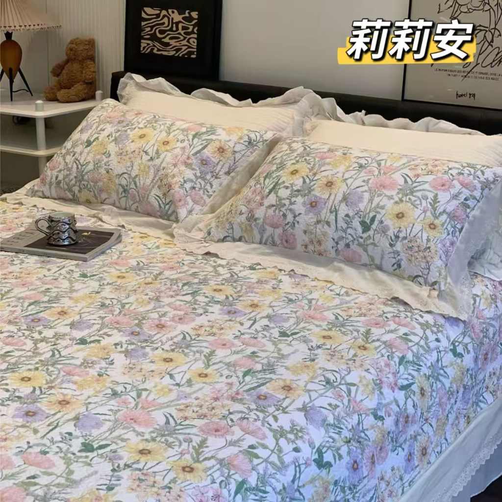 91家纺网 家纺一手货源 找家纺 （总）赫本纯棉床盖三件套 韩国碎花纯棉床盖三件套全棉夹棉床单花边可机洗