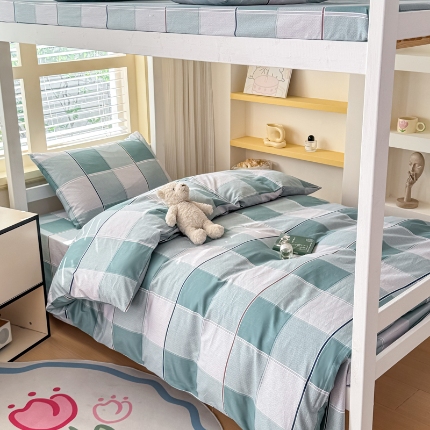 91家纺网 家纺一手货源 找家纺 （总）2026简约13372纯棉全棉学生三四件套宿舍上下铺全棉纯棉格子印花三件套件单品被套床单枕套学生季