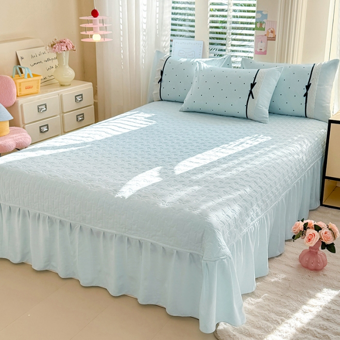 91家纺网 家纺一手货源 找家纺 漫布云家纺 2026新款春夏古法水洗棉床盖款四件套-波点系列 波点-海盐蓝 