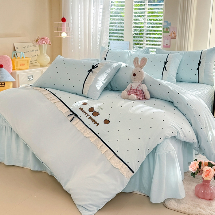 91家纺网 家纺一手货源 找家纺 漫布云家纺 2026新款春夏古法水洗棉床盖款四件套-波点系列 波点-海盐蓝 