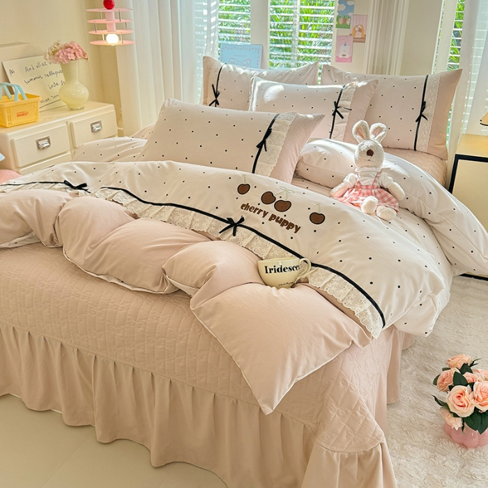 91家纺网 家纺一手货源 找家纺 漫布云家纺 2026新款春夏古法水洗棉床盖款四件套-波点系列 波点-奶咖 