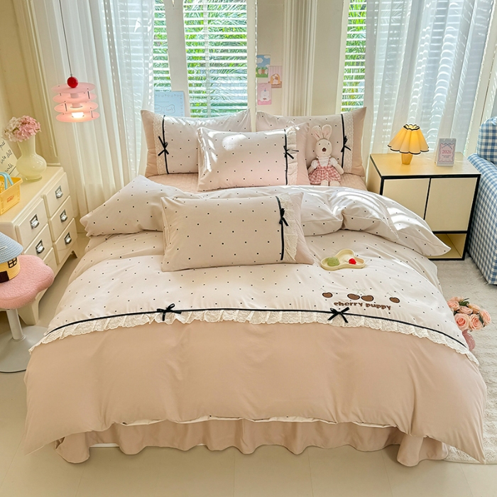 91家纺网 家纺一手货源 找家纺 漫布云家纺 2026新款春夏古法水洗棉床盖款四件套-波点系列 波点-奶咖 