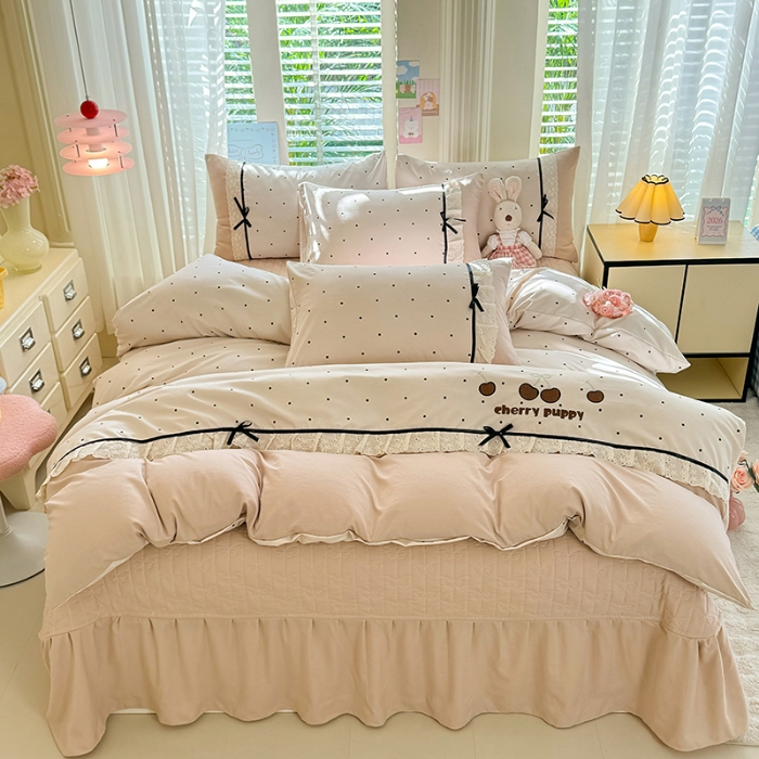 91家纺网 家纺一手货源 找家纺 漫布云家纺 2026新款春夏古法水洗棉床盖款四件套-波点系列 波点-奶咖 