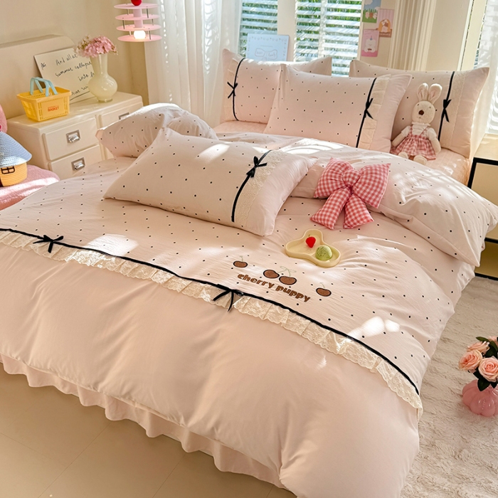 91家纺网 家纺一手货源 找家纺 漫布云家纺 2026新款春夏古法水洗棉床盖款四件套-波点系列 波点-香雪粉 