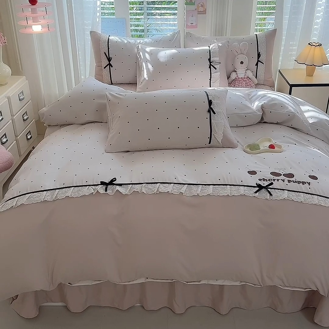 91家纺网 家纺一手货源 找家纺 漫布云家纺 2026新款春夏古法水洗棉床盖款四件套-波点系列 波点-奶咖 