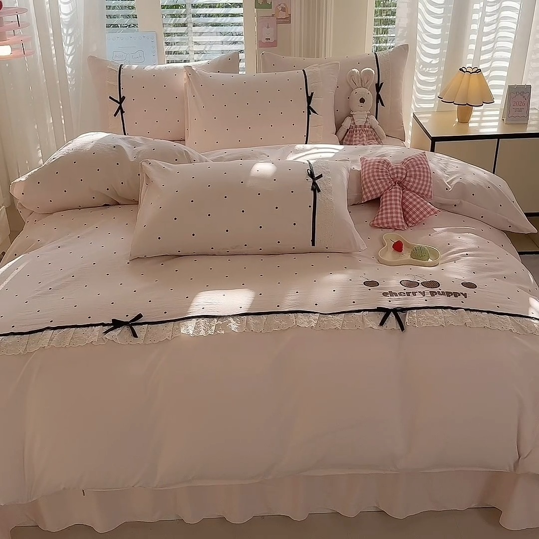 91家纺网 家纺一手货源 找家纺 漫布云家纺 2026新款春夏古法水洗棉床盖款四件套-波点系列 波点-香雪粉 