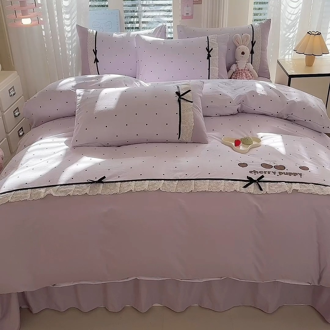 91家纺网 家纺一手货源 找家纺 漫布云家纺 2026新款春夏古法水洗棉床盖款四件套-波点系列 波点-星云紫