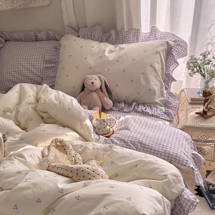 91家纺网 家纺一手货源 找家纺 （总）艾咪-Amy ntmy 2026新款法式花边全棉四件套-樱桃小格