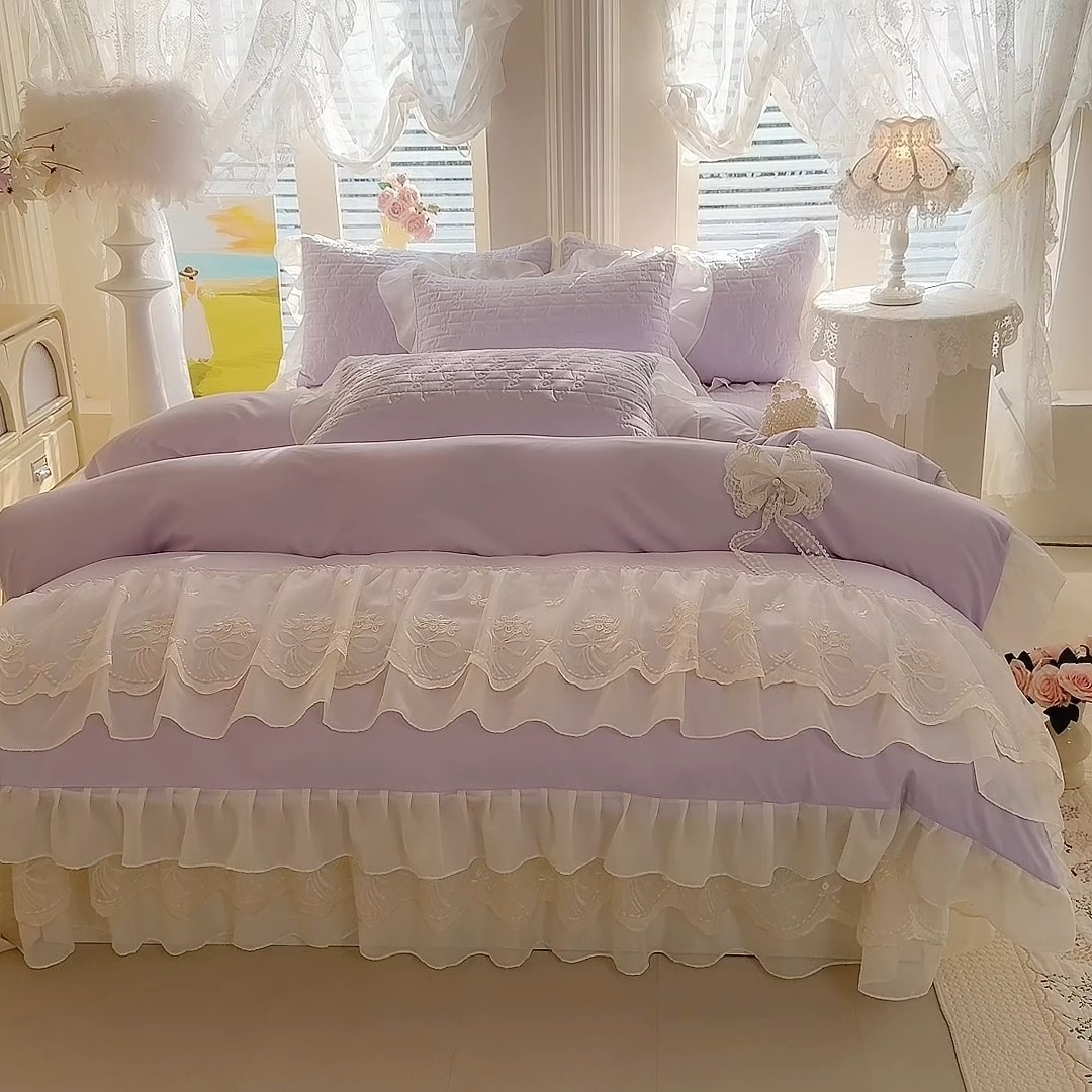 91家纺网 家纺一手货源 找家纺 （总）苏米娜2026春夏新品韩版公主风小清新水洗棉床盖四件套针织棉双层纱纯棉棉麻全棉公主风床盖款四件套