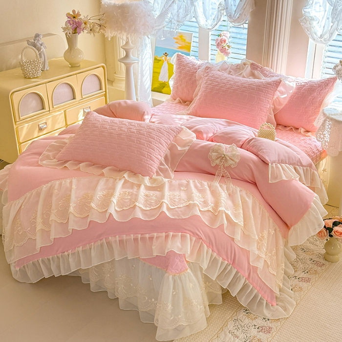 91家纺网 家纺一手货源 找家纺 苏米娜2026春夏新品韩版公主风小清新水洗棉床盖四件套针织棉双层纱纯棉棉麻全棉公主风床盖款四件套 幸运花-樱花粉