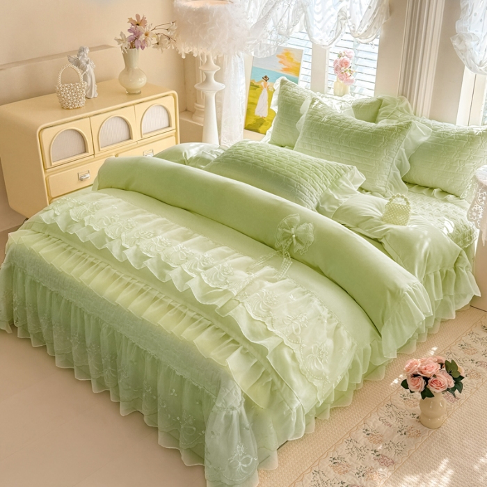 91家纺网 家纺一手货源 找家纺 苏米娜2026春夏新品韩版公主风小清新水洗棉床盖四件套针织棉双层纱纯棉棉麻全棉公主风床盖款四件套   幸运花-薄荷绿