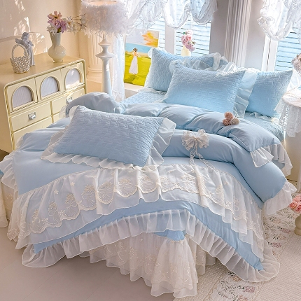 苏米娜2026春夏新品韩版公主风小清新水洗棉床盖四件套针织棉双层纱纯棉棉麻全棉公主风床盖款四件套  幸运花-梦幻蓝 