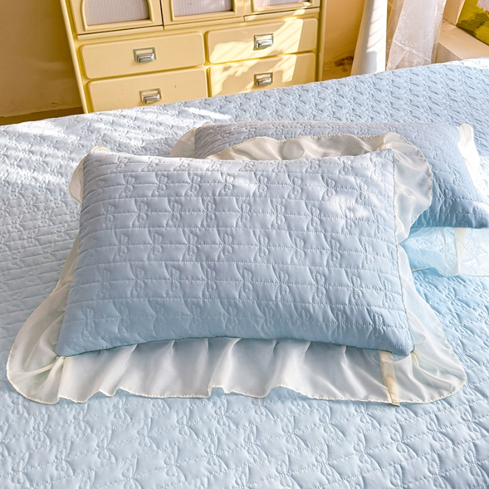 91家纺网 家纺一手货源 找家纺 苏米娜2026春夏新品韩版公主风小清新水洗棉床盖四件套针织棉双层纱纯棉棉麻全棉公主风床盖款四件套  幸运花-梦幻蓝 