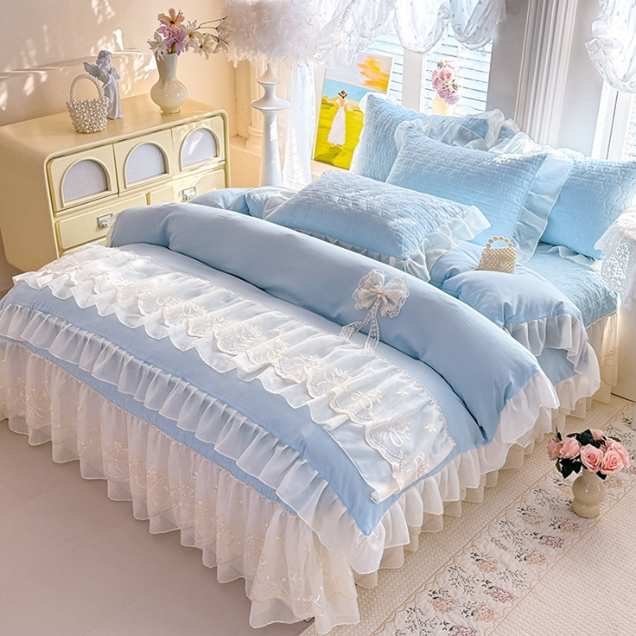 91家纺网 家纺一手货源 找家纺 苏米娜2026春夏新品韩版公主风小清新水洗棉床盖四件套针织棉双层纱纯棉棉麻全棉公主风床盖款四件套  幸运花-梦幻蓝 