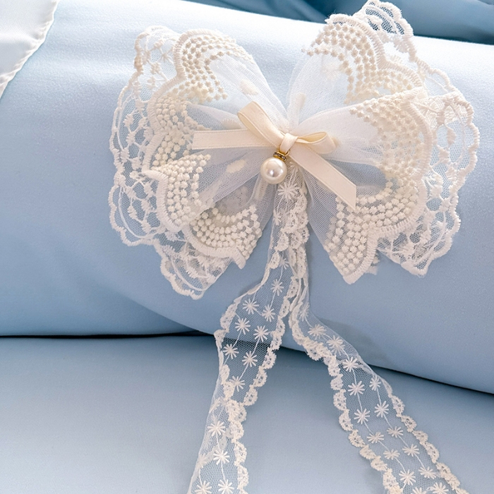 91家纺网 家纺一手货源 找家纺 苏米娜2026春夏新品韩版公主风小清新水洗棉床盖四件套针织棉双层纱纯棉棉麻全棉公主风床盖款四件套  幸运花-梦幻蓝 