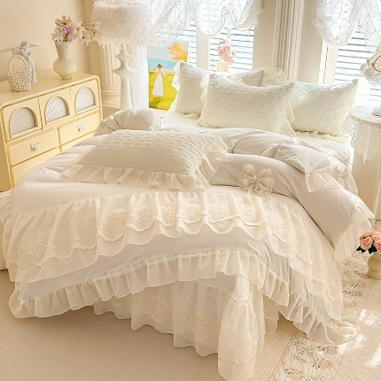 苏米娜2026春夏新品韩版公主风小清新水洗棉床盖四件套针织棉双层纱纯棉棉麻全棉公主风床盖款四件套 幸运花-奶昔白
