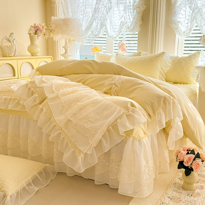 91家纺网 家纺一手货源 找家纺 苏米娜2026春夏新品韩版公主风小清新水洗棉床盖四件套针织棉双层纱纯棉棉麻全棉公主风床盖款四件套 幸运花-柠檬黄