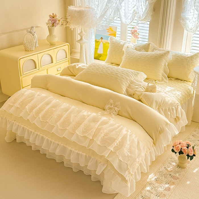 91家纺网 家纺一手货源 找家纺 苏米娜2026春夏新品韩版公主风小清新水洗棉床盖四件套针织棉双层纱纯棉棉麻全棉公主风床盖款四件套 幸运花-柠檬黄