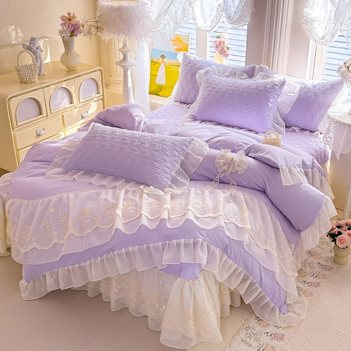 91家纺网 家纺一手货源 找家纺 苏米娜2026春夏新品韩版公主风小清新水洗棉床盖四件套针织棉双层纱纯棉棉麻全棉公主风床盖款四件套 幸运花-香芋紫