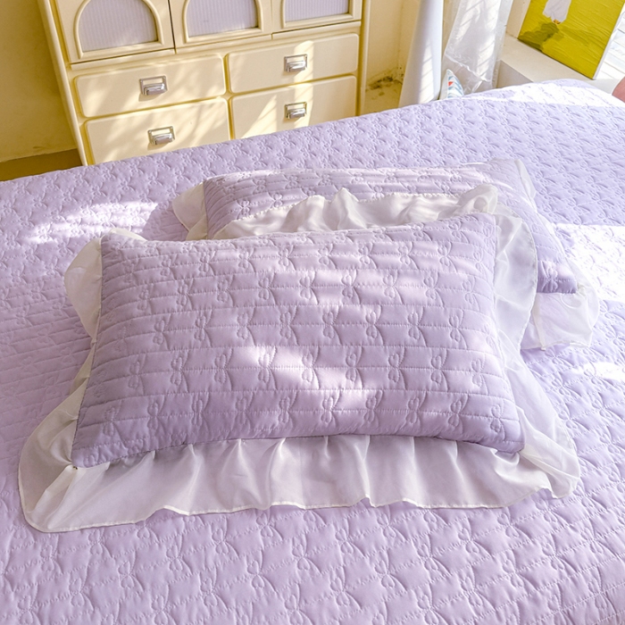 91家纺网 家纺一手货源 找家纺 苏米娜2026春夏新品韩版公主风小清新水洗棉床盖四件套针织棉双层纱纯棉棉麻全棉公主风床盖款四件套 幸运花-香芋紫