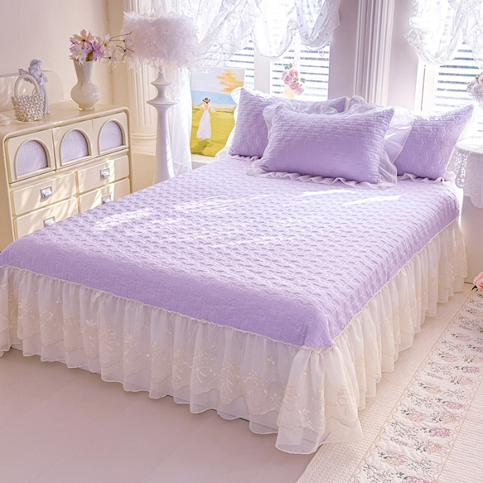 91家纺网 家纺一手货源 找家纺 苏米娜2026春夏新品韩版公主风小清新水洗棉床盖四件套针织棉双层纱纯棉棉麻全棉公主风床盖款四件套 幸运花-香芋紫