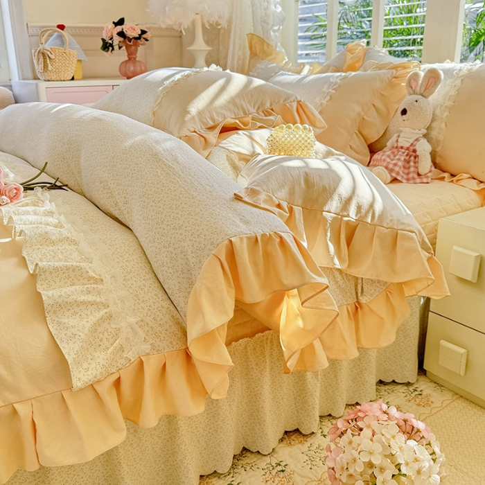 91家纺网 家纺一手货源 找家纺 漫布云家纺 2026春夏新款超柔云朵棉床盖款四件套-花甜梦系列 花甜梦-柠檬黄 