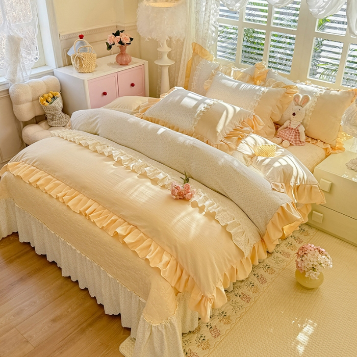 91家纺网 家纺一手货源 找家纺 漫布云家纺 2026春夏新款超柔云朵棉床盖款四件套-花甜梦系列 花甜梦-柠檬黄 