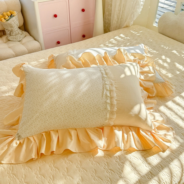 91家纺网 家纺一手货源 找家纺 漫布云家纺 2026春夏新款超柔云朵棉床盖款四件套-花甜梦系列 花甜梦-柠檬黄 