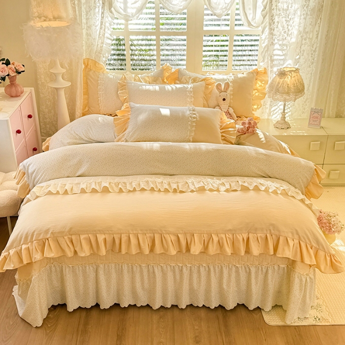 91家纺网 家纺一手货源 找家纺 漫布云家纺 2026春夏新款超柔云朵棉床盖款四件套-花甜梦系列 花甜梦-柠檬黄 