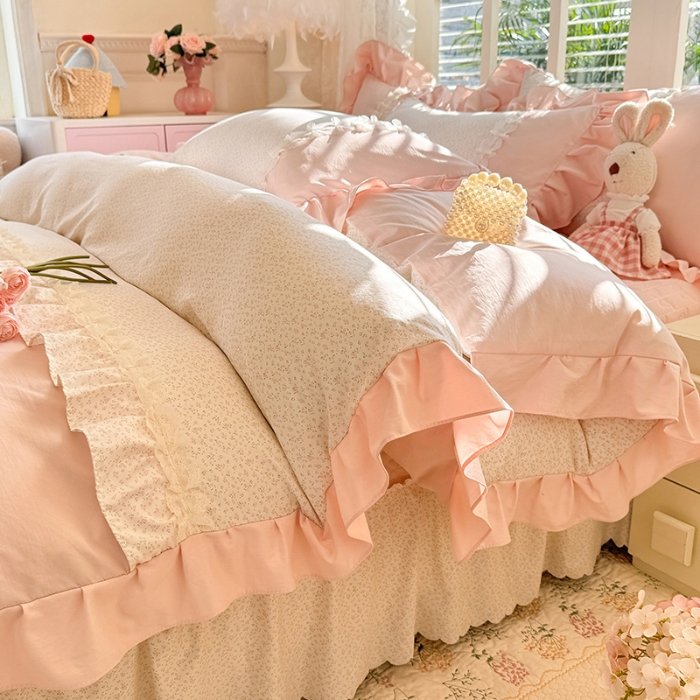 91家纺网 家纺一手货源 找家纺 漫布云家纺 2026春夏新款超柔云朵棉床盖款四件套-花甜梦系列 花甜梦-樱花粉