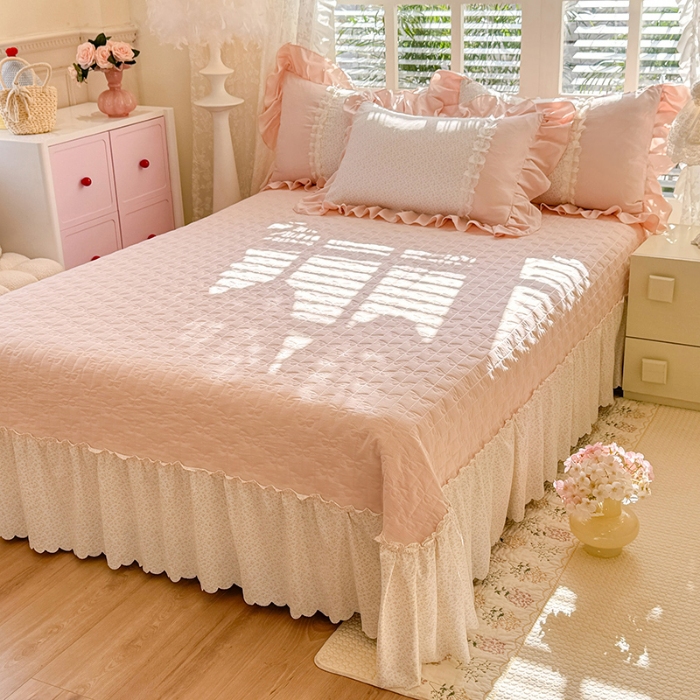 91家纺网 家纺一手货源 找家纺 漫布云家纺 2026春夏新款超柔云朵棉床盖款四件套-花甜梦系列 花甜梦-樱花粉