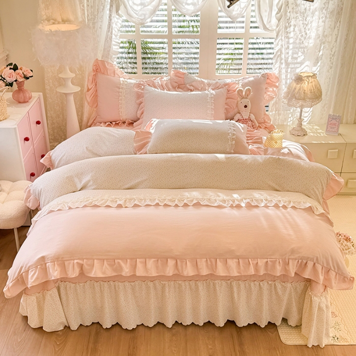 91家纺网 家纺一手货源 找家纺 漫布云家纺 2026春夏新款超柔云朵棉床盖款四件套-花甜梦系列 花甜梦-樱花粉