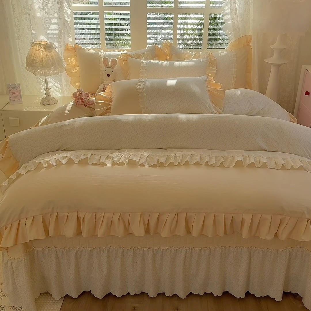 91家纺网 家纺一手货源 找家纺 漫布云家纺 2026春夏新款超柔云朵棉床盖款四件套-花甜梦系列 花甜梦-柠檬黄 