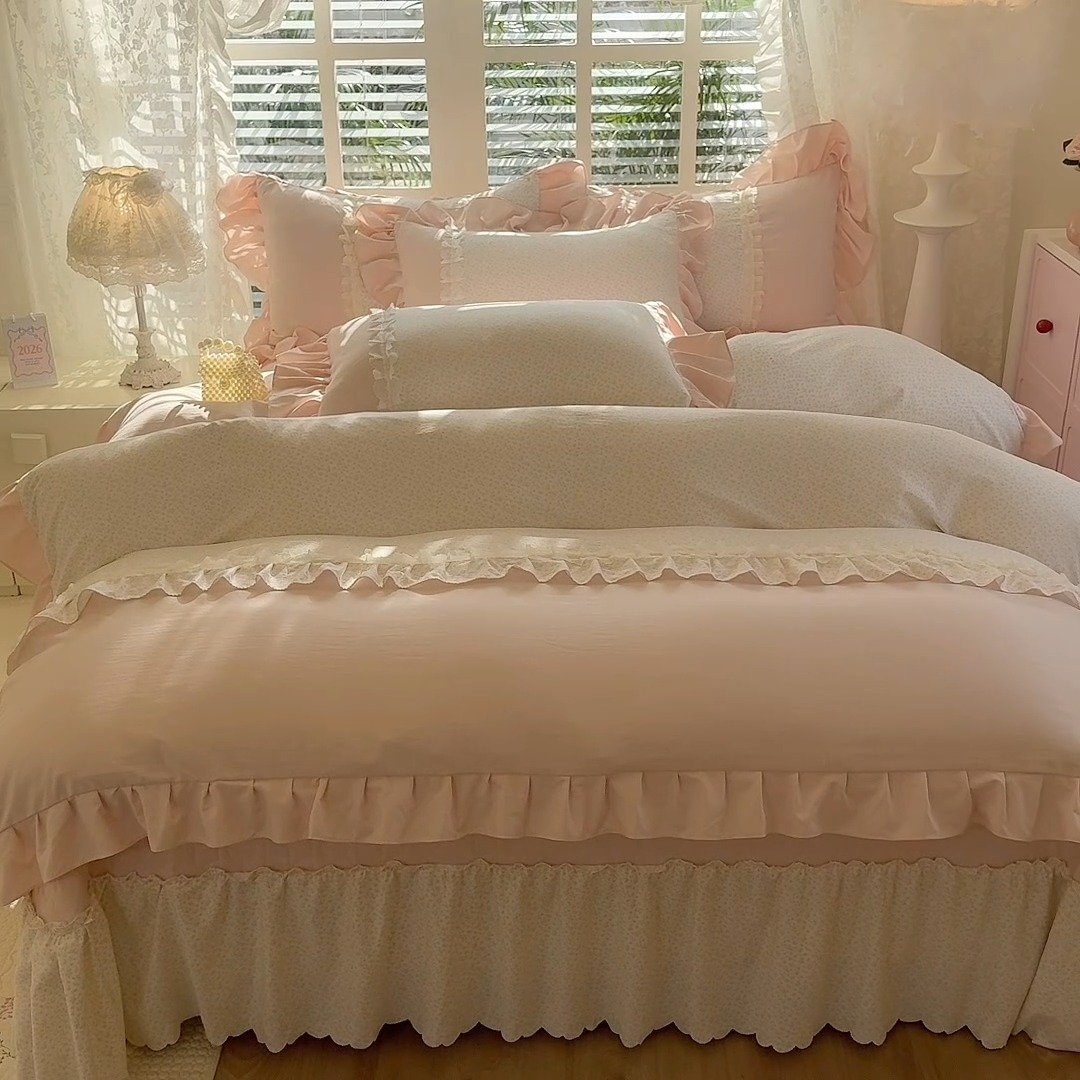 91家纺网 家纺一手货源 找家纺 漫布云家纺 2026春夏新款超柔云朵棉床盖款四件套-花甜梦系列 花甜梦-樱花粉