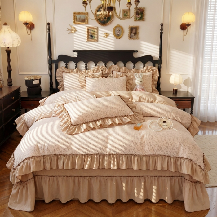 91家纺网 家纺一手货源 找家纺 苏米娜2026春夏新品韩版公主风超柔水洗棉床盖四件套刺绣针织棉双层纱纯棉棉麻全棉公主风床盖款四件套